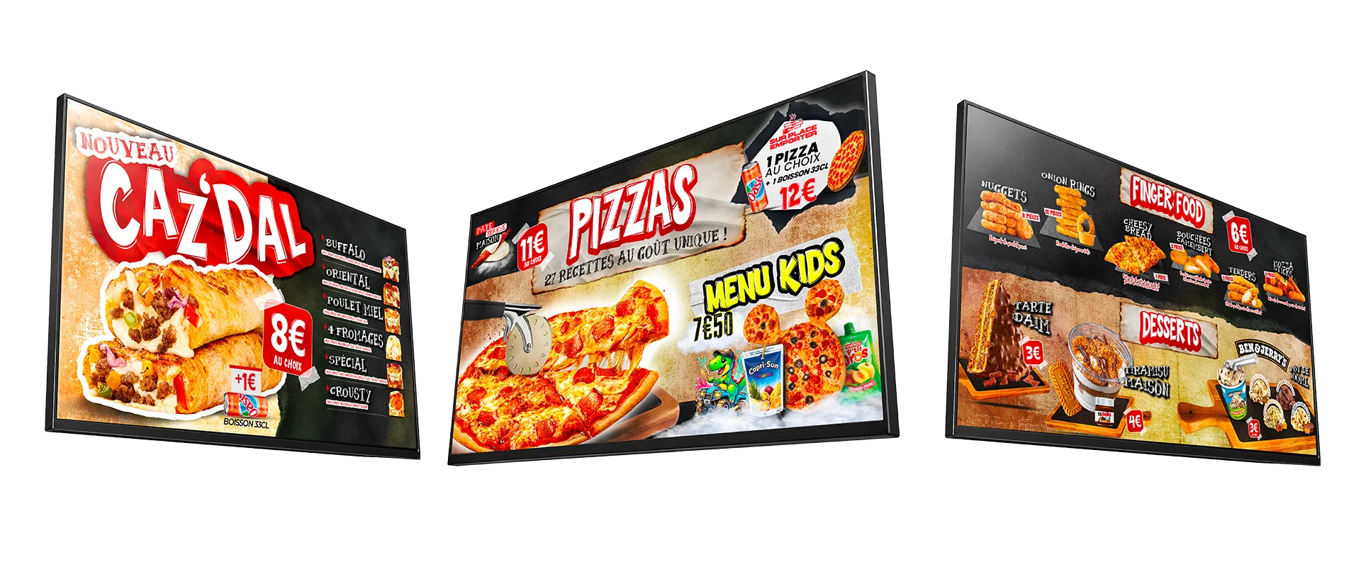 Menuboards Caz à Pizz' — Caz'Dal, pizzas, finger food