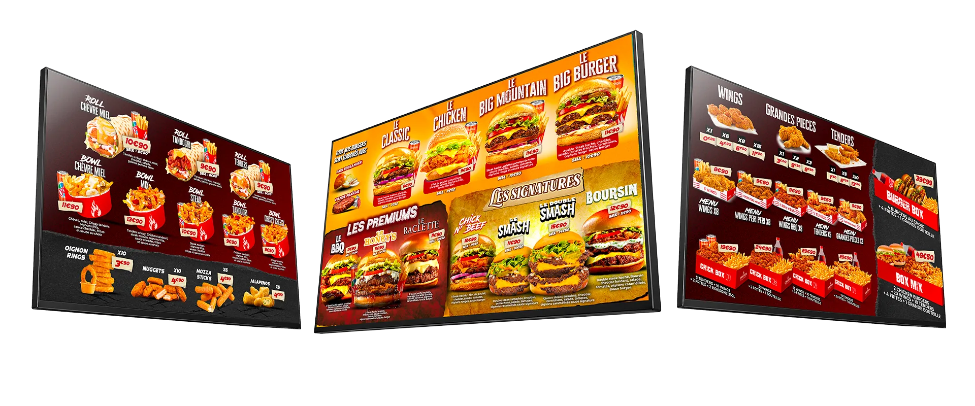 Menuboards Chicken Factory — assiettes, menus family, burgers